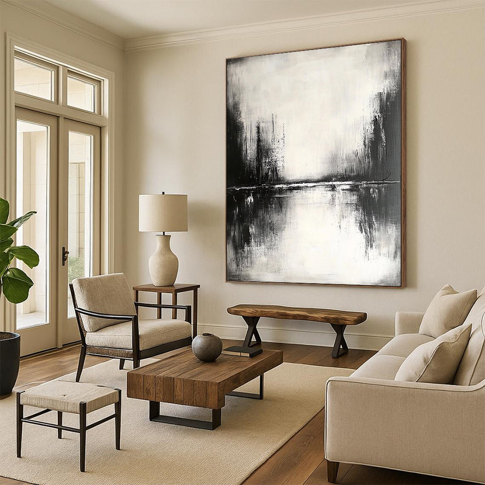 Contemporary abstract painting featuring tranquil reflections on water with muted tones and soft edges creating a serene atmosphere. DLZ0308