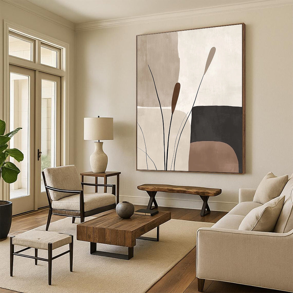 Contemporary abstract artworks feature organic forms in beige and brown tones offering a serene minimalist aesthetic with harmonious geometric patterns. DLZ0791