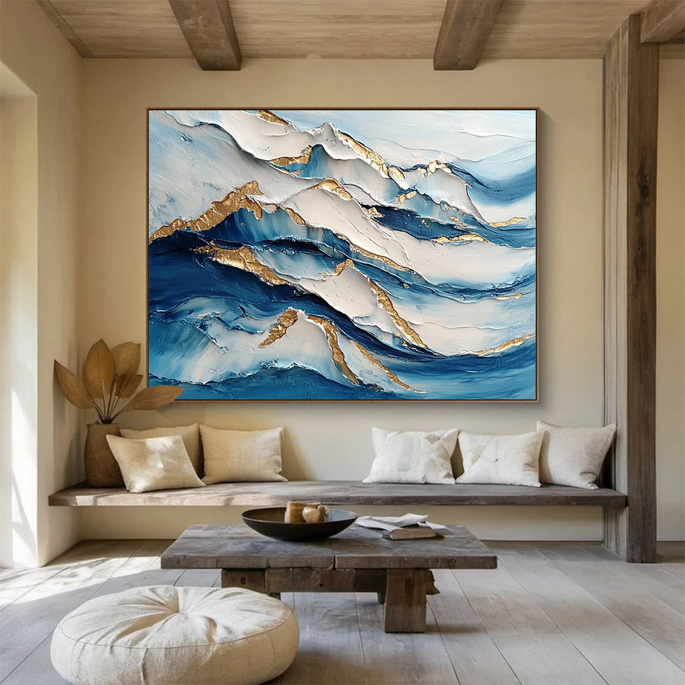 “Layered Wave Textures” - Blue, White, Gold, Layered Wave Textures Painting On Canvas HB0973
