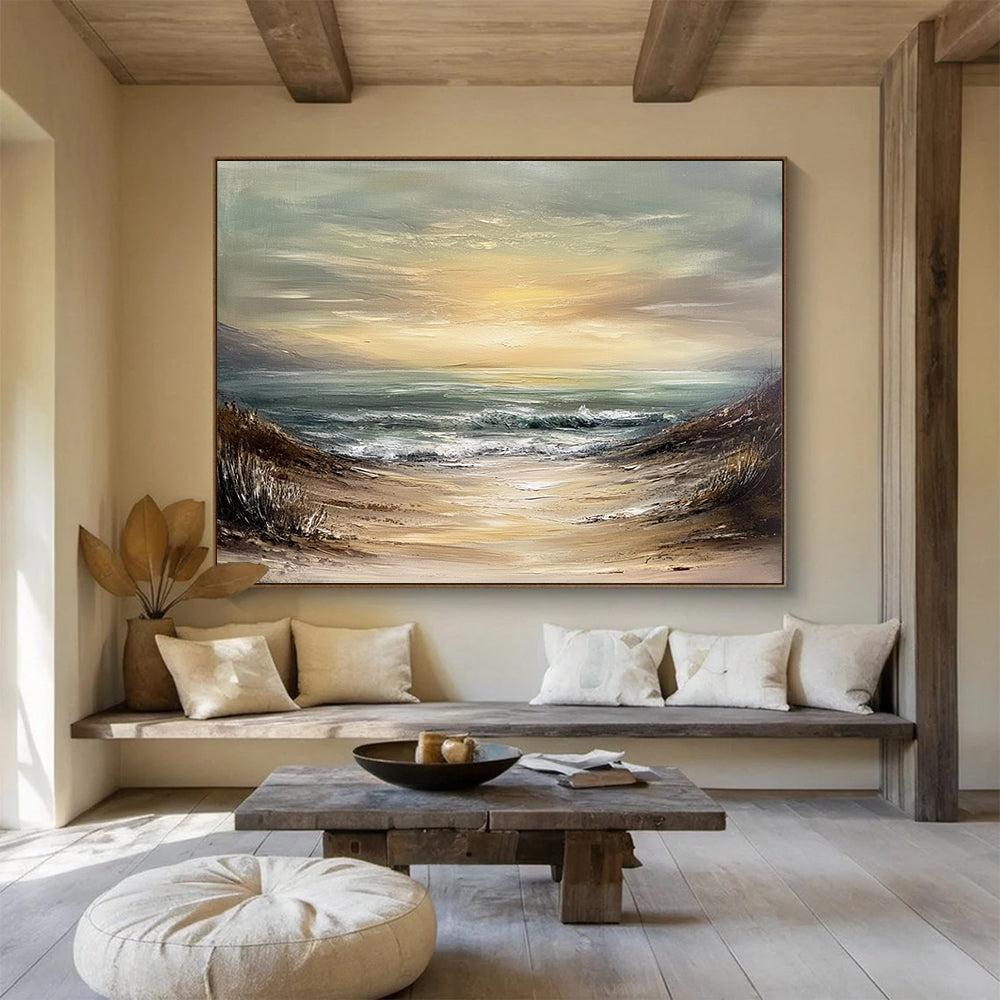 “Muted Beach Path” - Beige, Green, Blue, Sandy Path to the Sea - Textured Oil Painting HB1703
