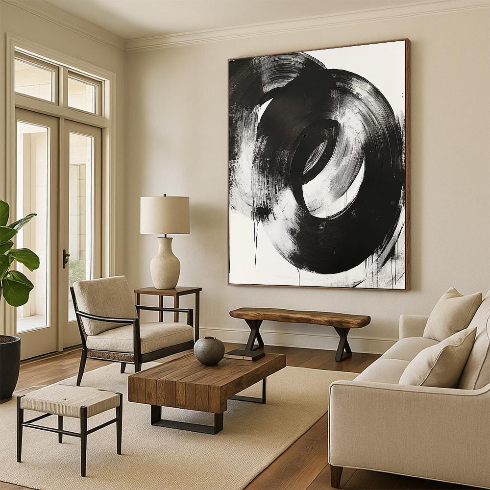 Black, White, Overlapping Circular Strokes "Ink Rings" Abstract Minimalist Painting On Canvas HB136