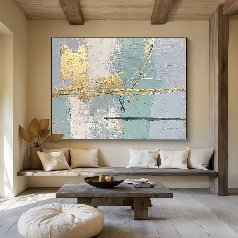 “Gold Accents on Pastel Abstract” - Light blue, gray, white, gold; Abstract with gold brushstrokes; Acrylic Painting On Canvas HB1246