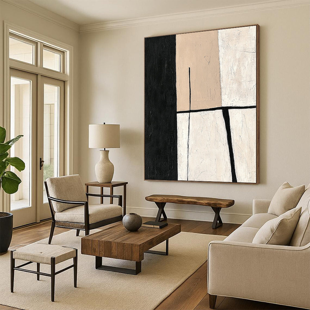 Contemporary hand-painted abstract work featuring minimalistic shapes in a balanced neutral palette of beige and black for an elegant modern aesthetic. DLZ0936