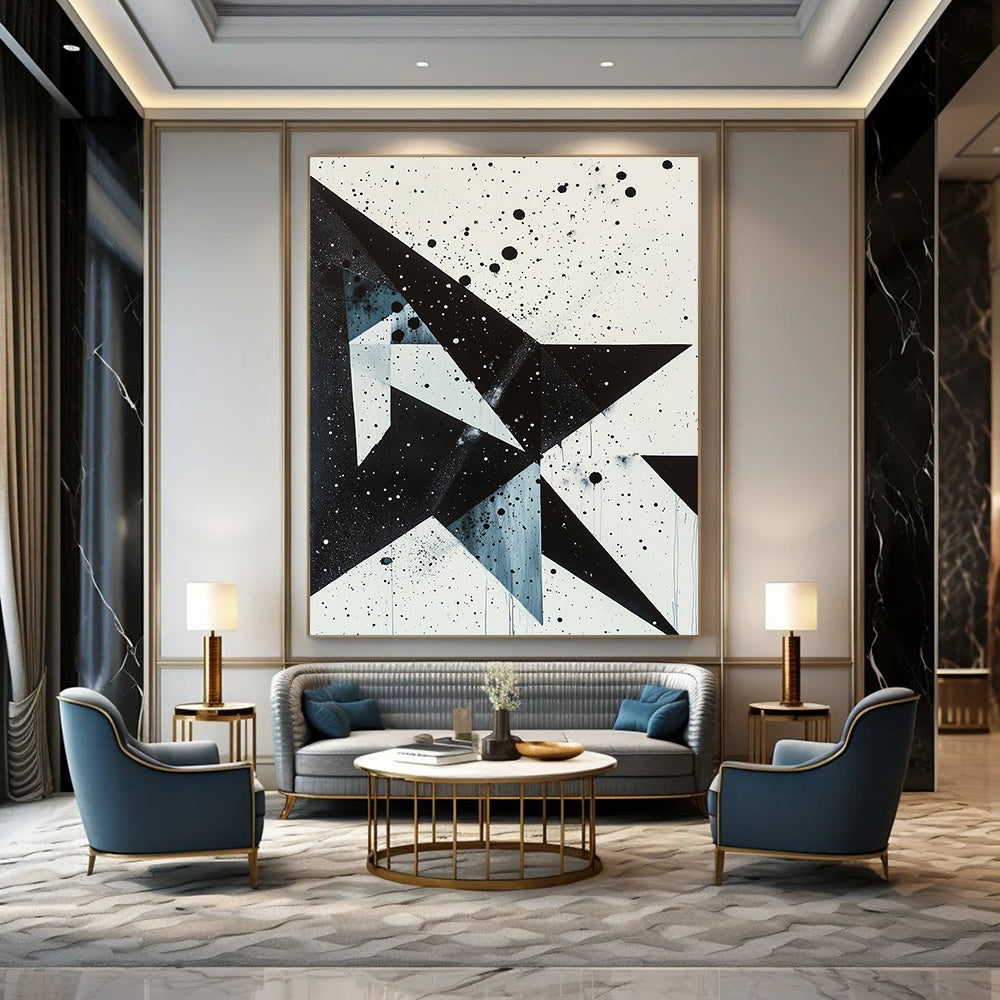 Black, White, Blue with Splattered Shapes "Dynamic Contrast" Abstract Painting On Canvas HB004