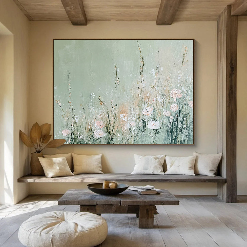 “Minimalist Floral on Sage” - Sage, Pink, Flowers, Textured Painting On Canvas HB0758