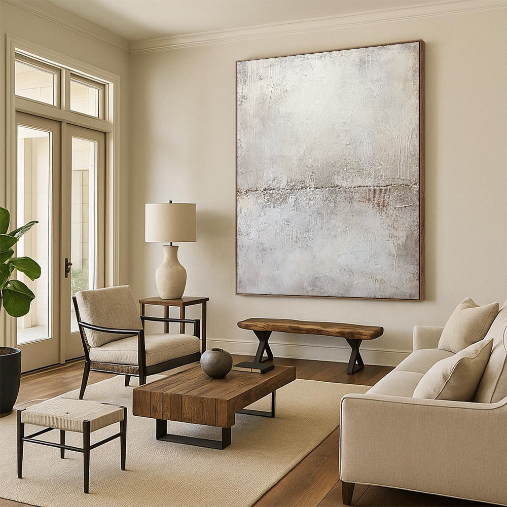 Large contemporary hand-painted abstract artwork featuring a textured white plaster wall with subtle gray tones and mysterious organic shapes in pale cream and beige. DLZ0583
