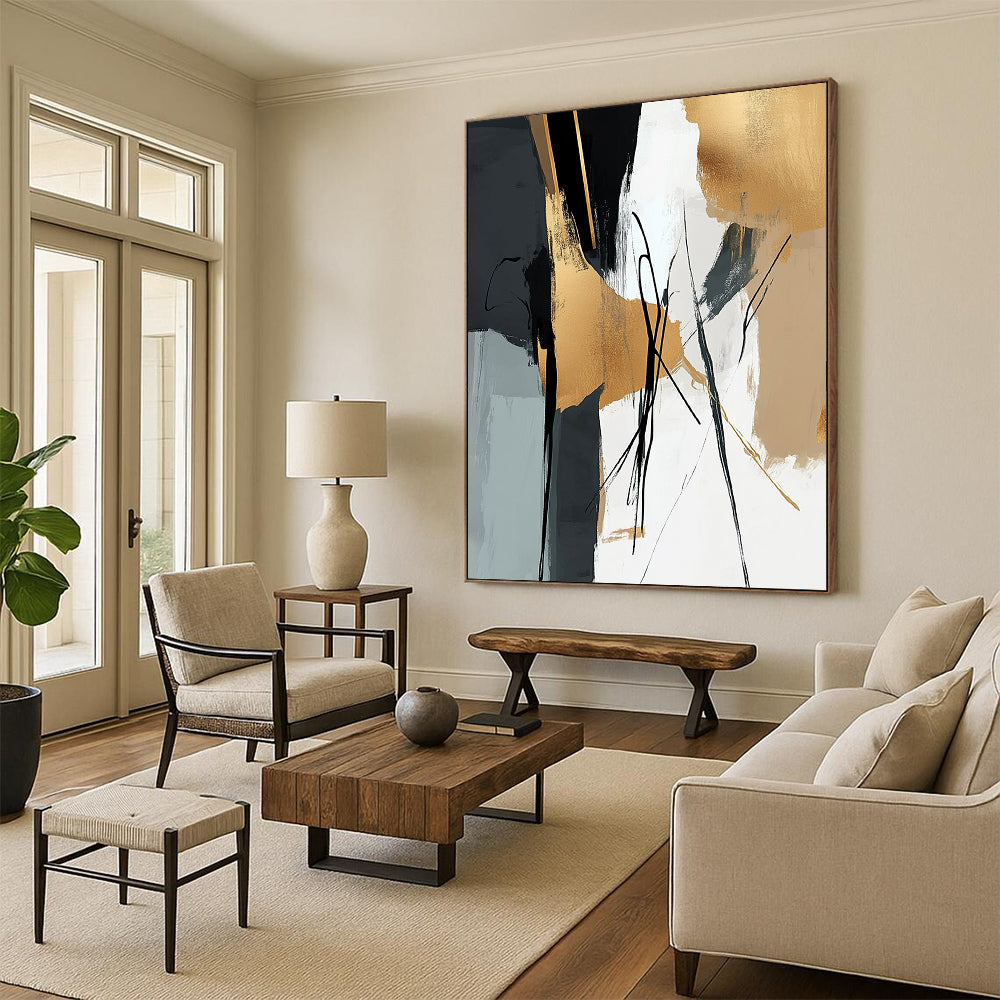 Contemporary abstract wall art featuring elegant brushstrokes in black beige and gold harmoniously blended with natural elements for a tranquil atmosphere. DLZ0318