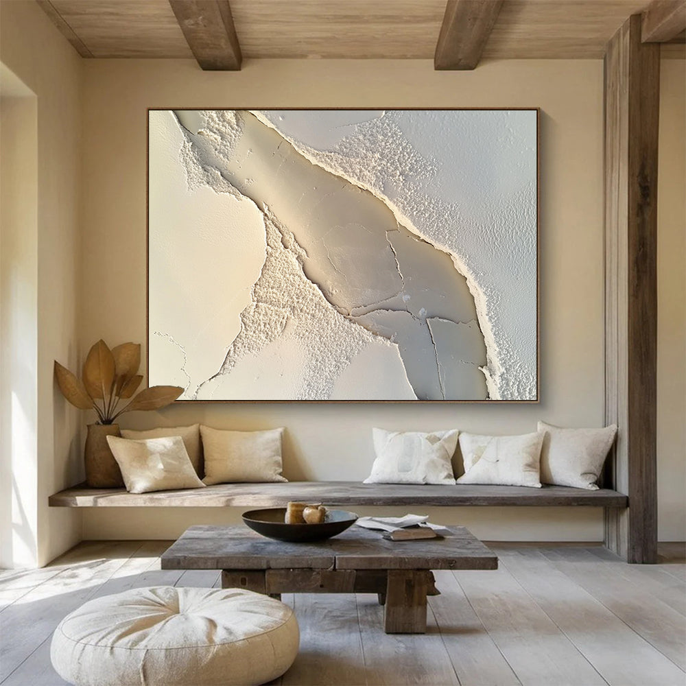 Cracked White Textured Abstract - Textural Minimalist Painting On Canvas HB0503