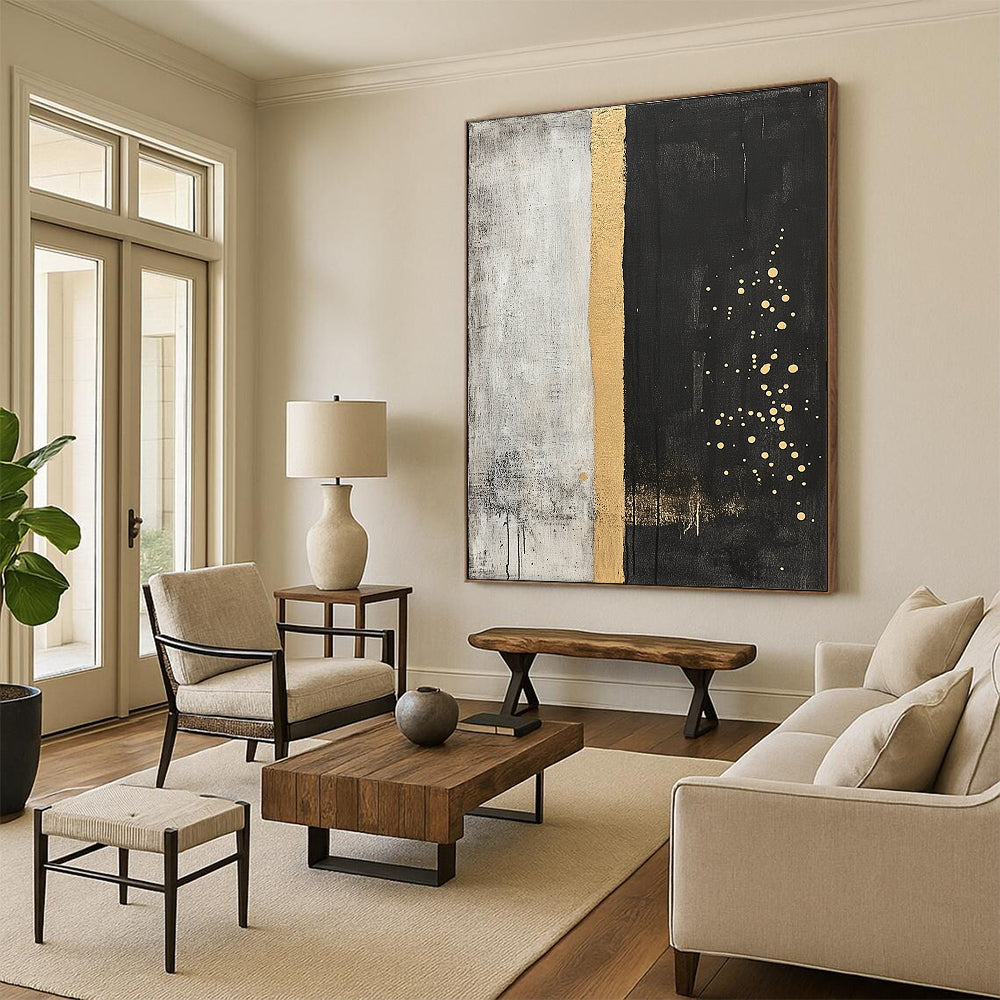 Gray, Gold & Black Split Dots - “Ethereal Boundary” Painting On Canvas HB197