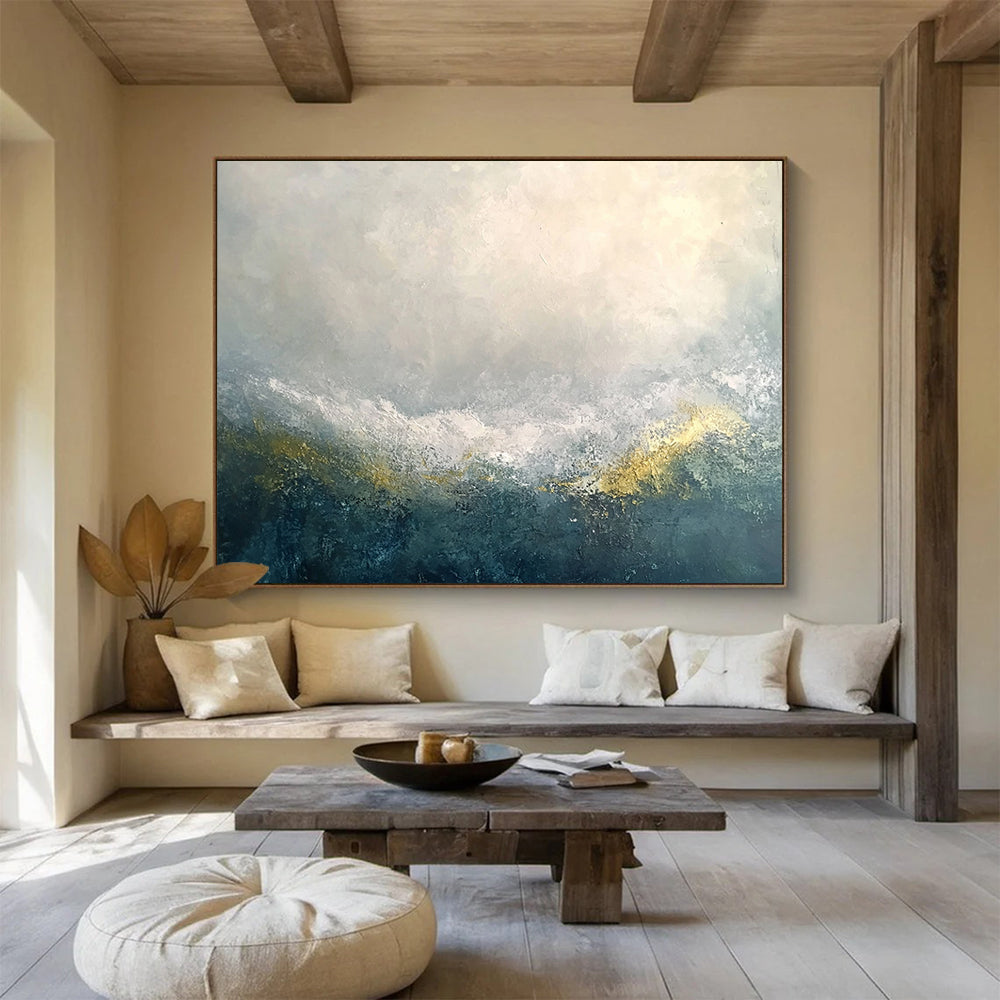 “Mystic Gray - Gold Horizons” - Gray, White, Gold, Abstract Misty Mountain Ranges Painting On Canvas HB1019