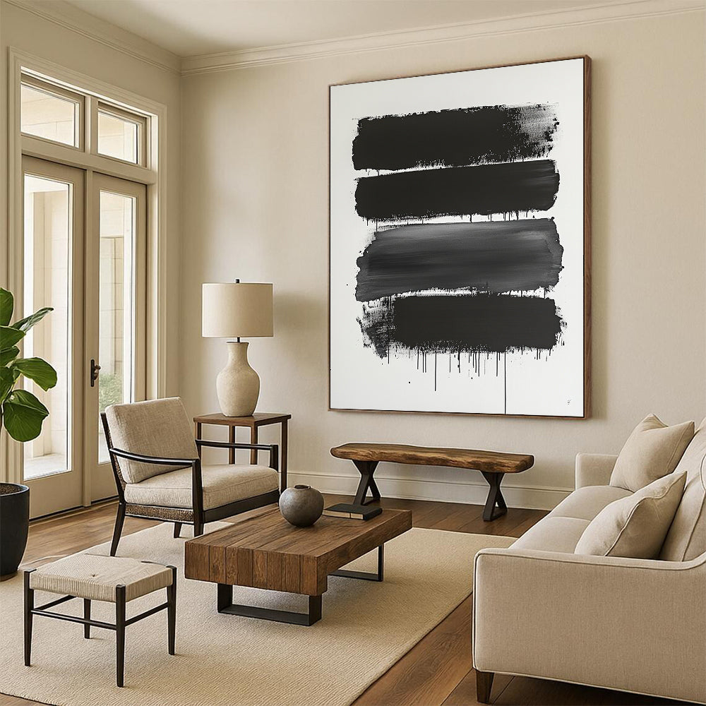 Black and Gray Dripping Stripes "Moody Flow" Painting On Canvas HB275