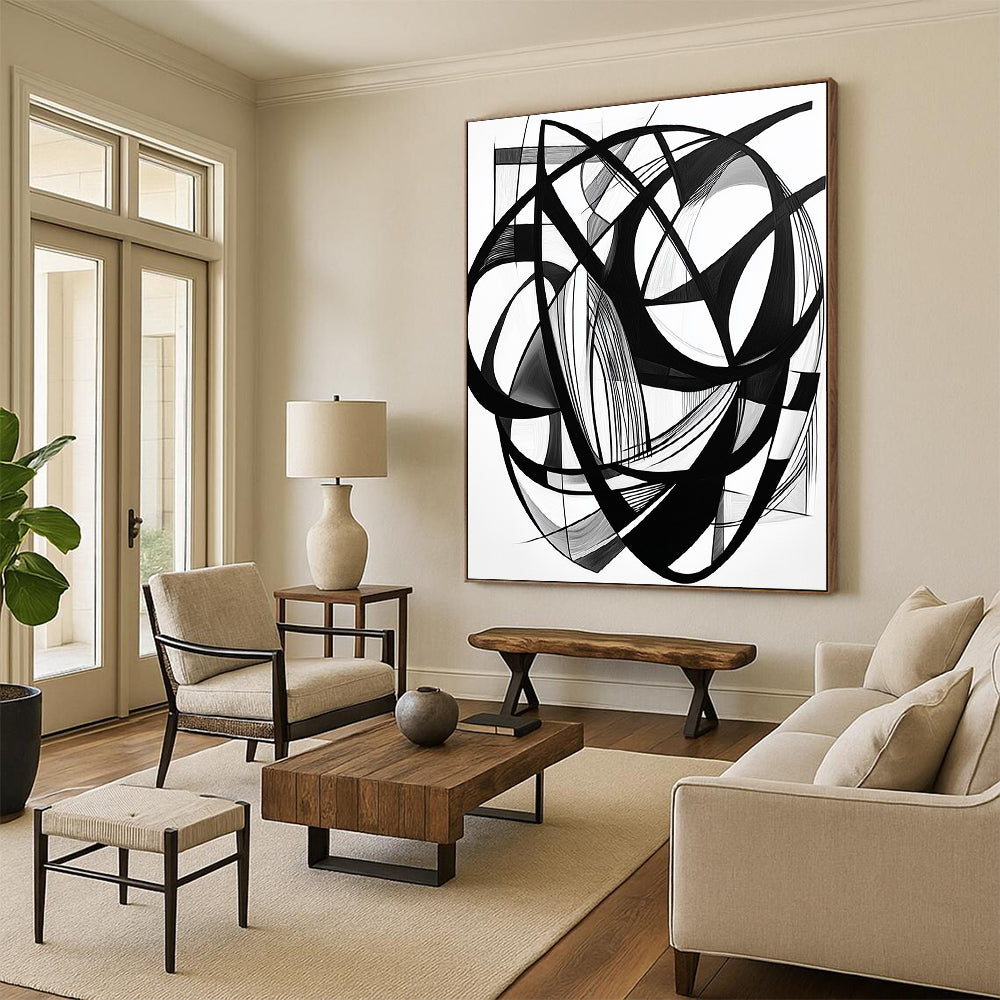 Black Intertwined Lines & Shapes - “Complex Ink Geometry” Painting On Canvas HB240