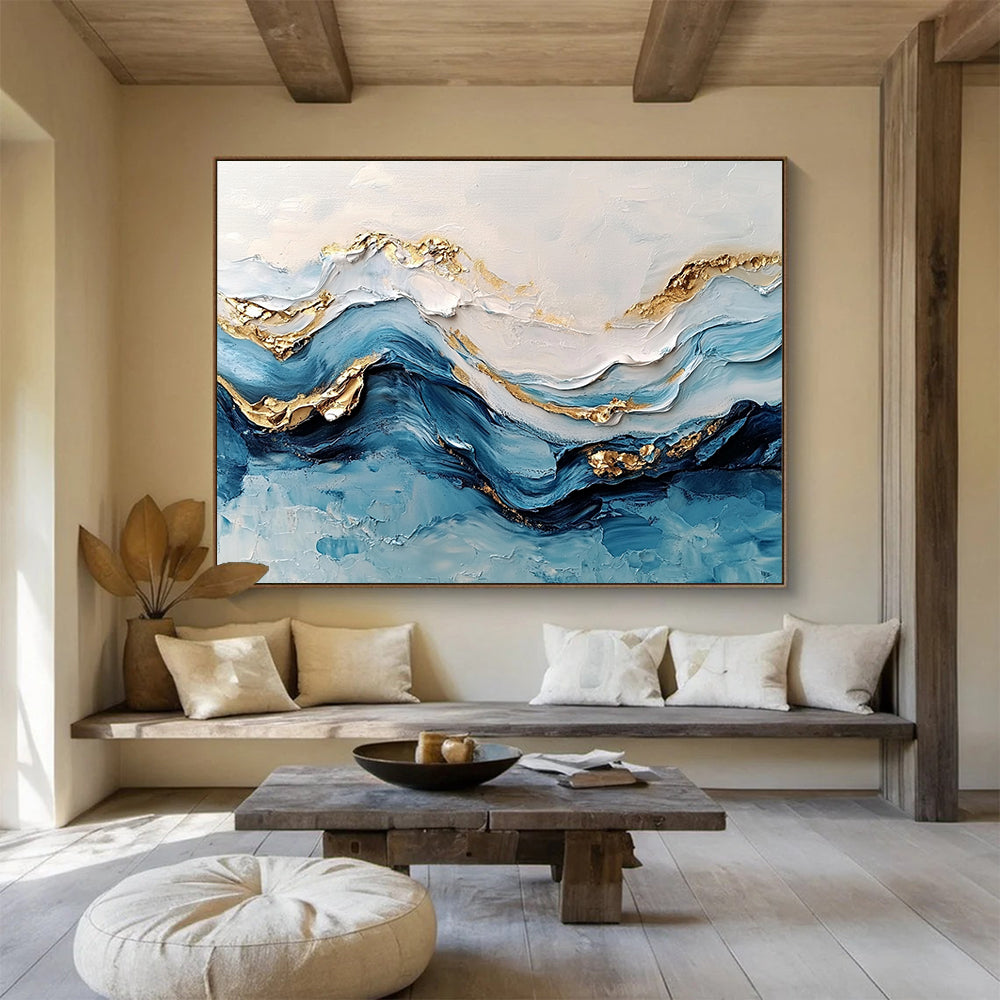 “3D Textured Wave Art” - Blue, White, Gold, 3D Textured Wave Painting On Canvas HB0972