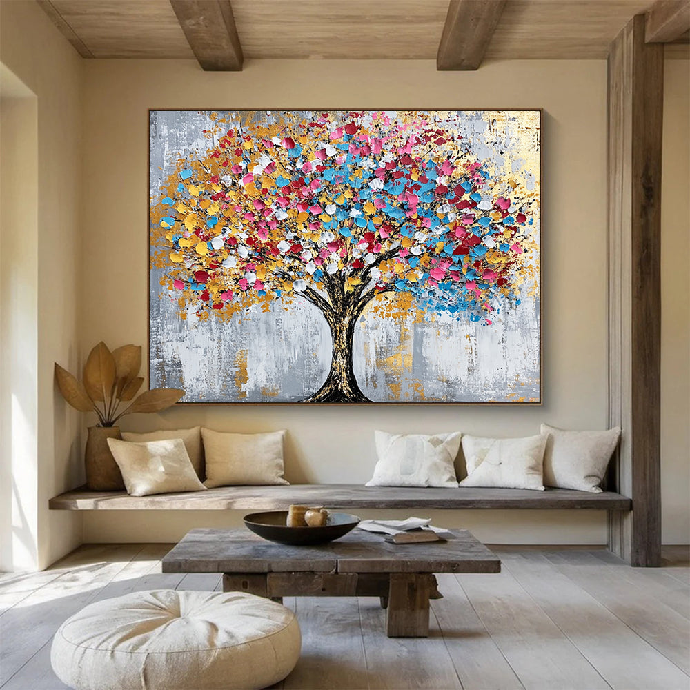 “Colorful Dot Tree” - Gray background, multicolor dots, golden accents, Abstract Tree Painting On Canvas HB0590