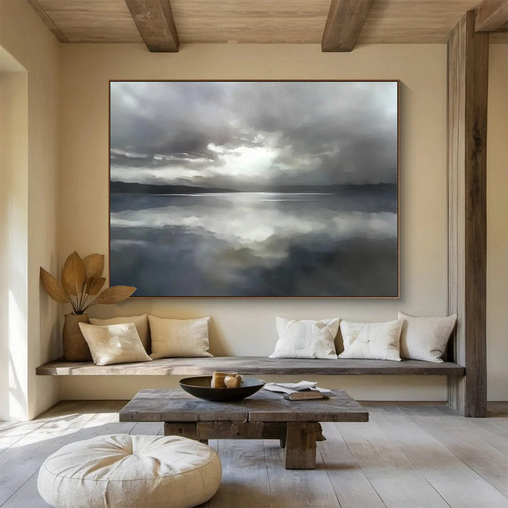 “Moody Lake Reflection” - Gray clouds reflected in a lake, Impressionist Landscape Painting On Canvas HB0551