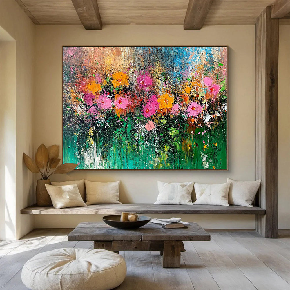 “Wildflower Symphony” - Pink, orange, yellow, green; Thick, textured blooms in a vibrant field; Impasto Floral Oil Painting On Canvas HB1172