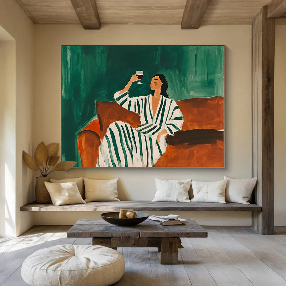 “Relaxed Figure with Wine” - Green, Brown, White, Stylized Figure Scene - Acrylic Painting HB1660