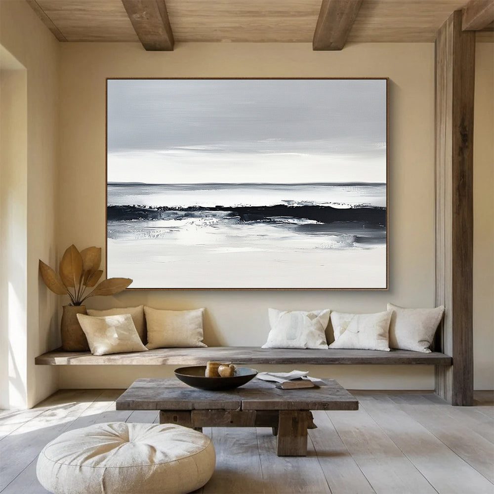 “Monochrome Sea Horizon” - Blacks, Whites, Grays, Sea Landscape - Minimalist Oil Painting HB1588