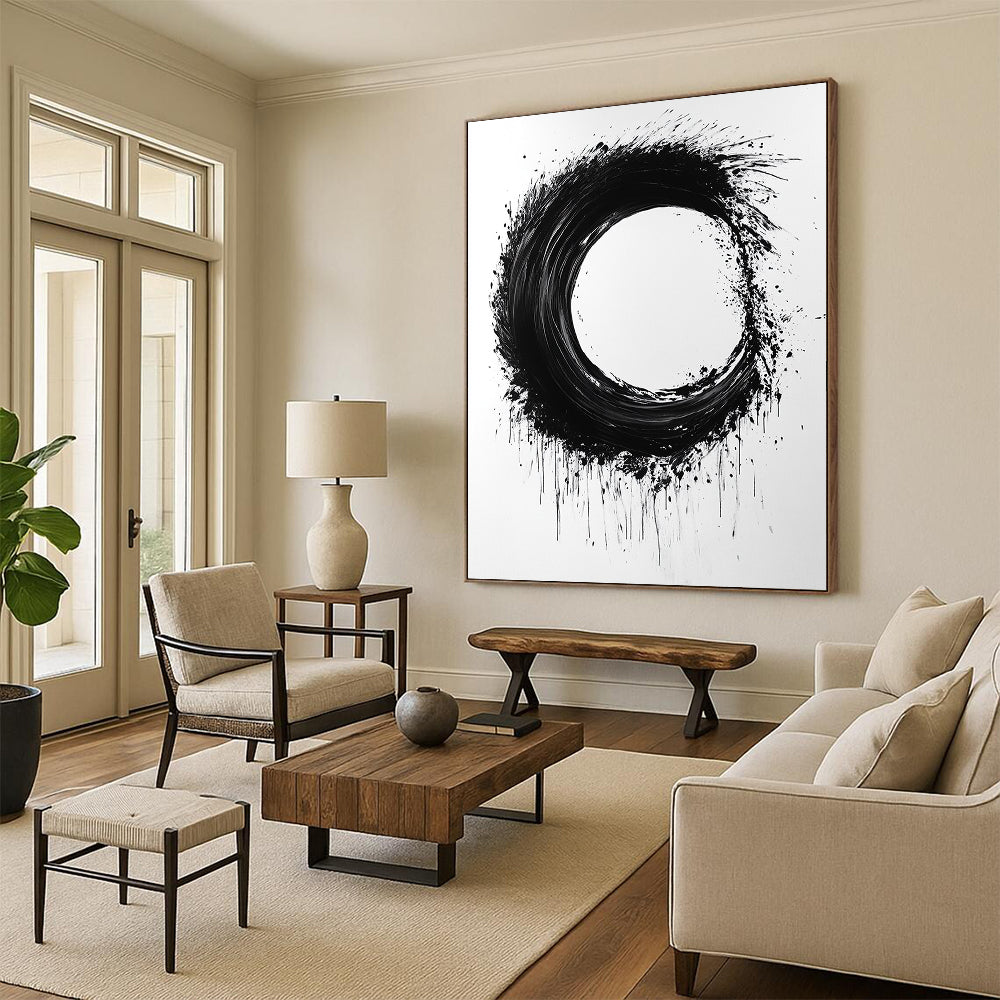 Black and White Splattered Circle "Energetic Enso" Painting On Canvas HB259