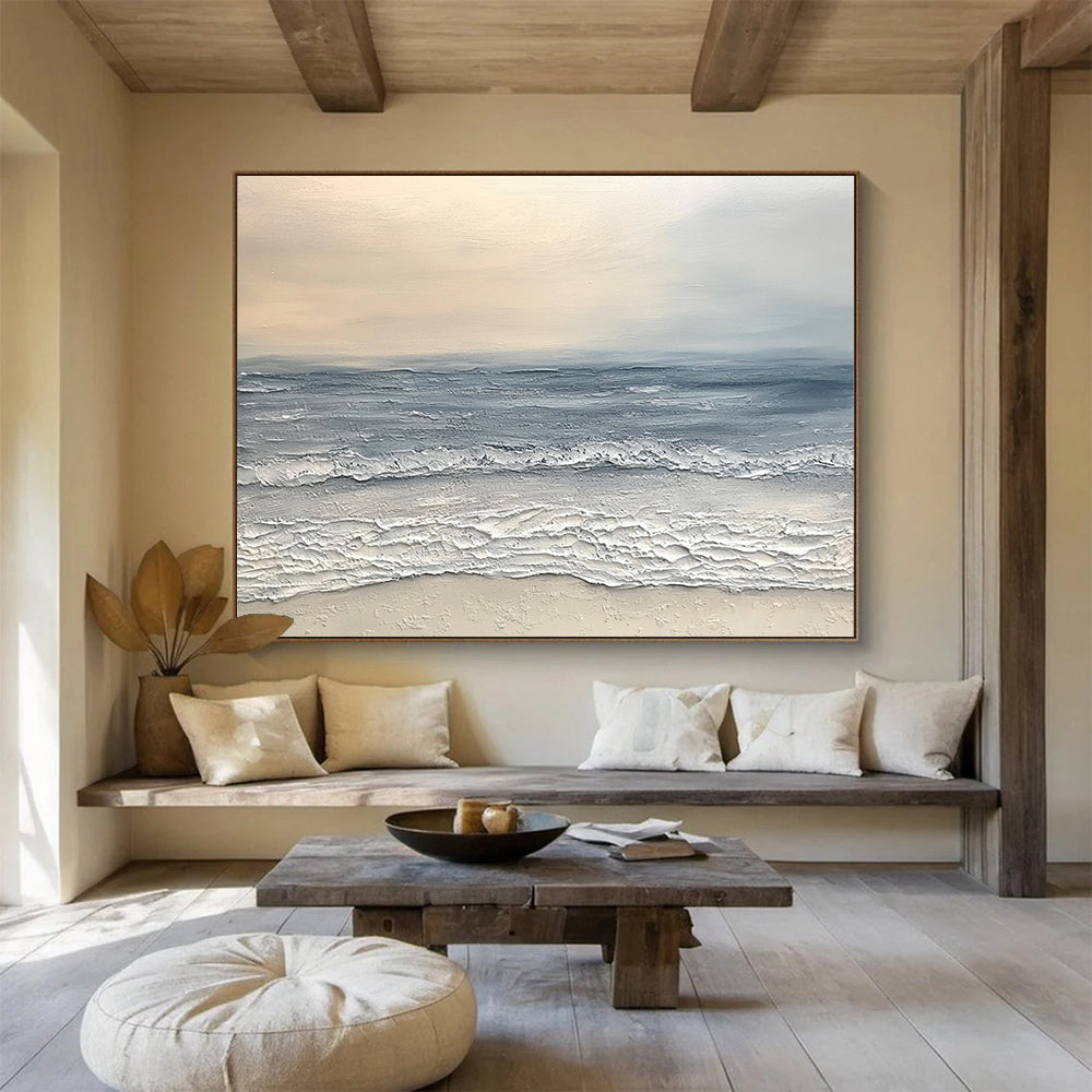 “Textured Seaside Calm” - Soft gray sea, beige sky, Textural Landscape Painting On Canvas HB0578
