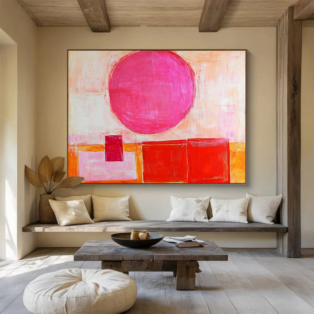 “Pink Sphere & Reds” - Bold pink, warm reds, soft oranges, whites; Geometric sphere and blocks; Modern Abstract Painting On Canvas HB1155