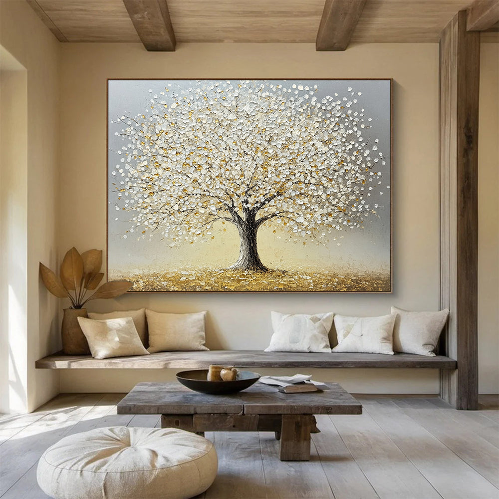 “Silver - Golden Tree” - Gray background, silver leaves, golden accents, Textured Tree Painting On Canvas HB0594