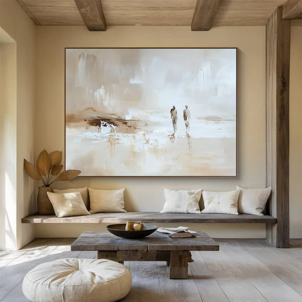 “Beach Stroll in Neutral Tones” - Beige, white, brown; Two figures walking on an abstract beach; Impasto Oil Painting On Canvas HB1196