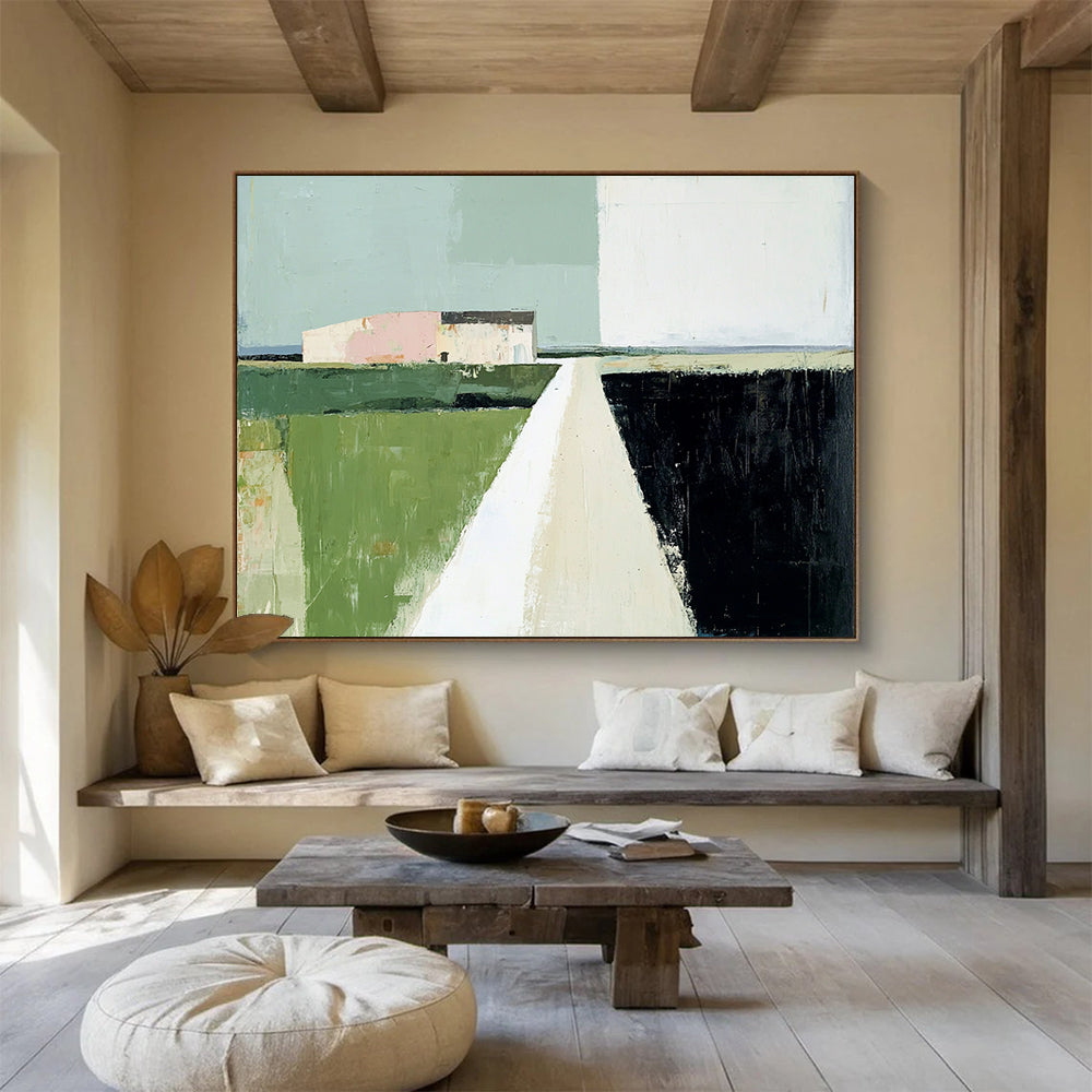 Green, Pink, Blue and Black Minimalist Landscape "Quiet Path" Painting On Canvas HB0658