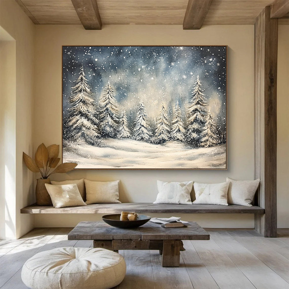 “Snowy Forest Night” - Blue, White, Snowy Trees, Landscape Painting On Canvas HB0777