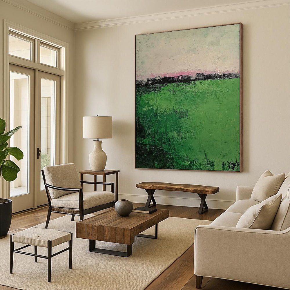 Contemporary abstract painting showcasing muted green grass foreground and a foggy village background featuring soft brush strokes on a textured canvas. DLZ0392