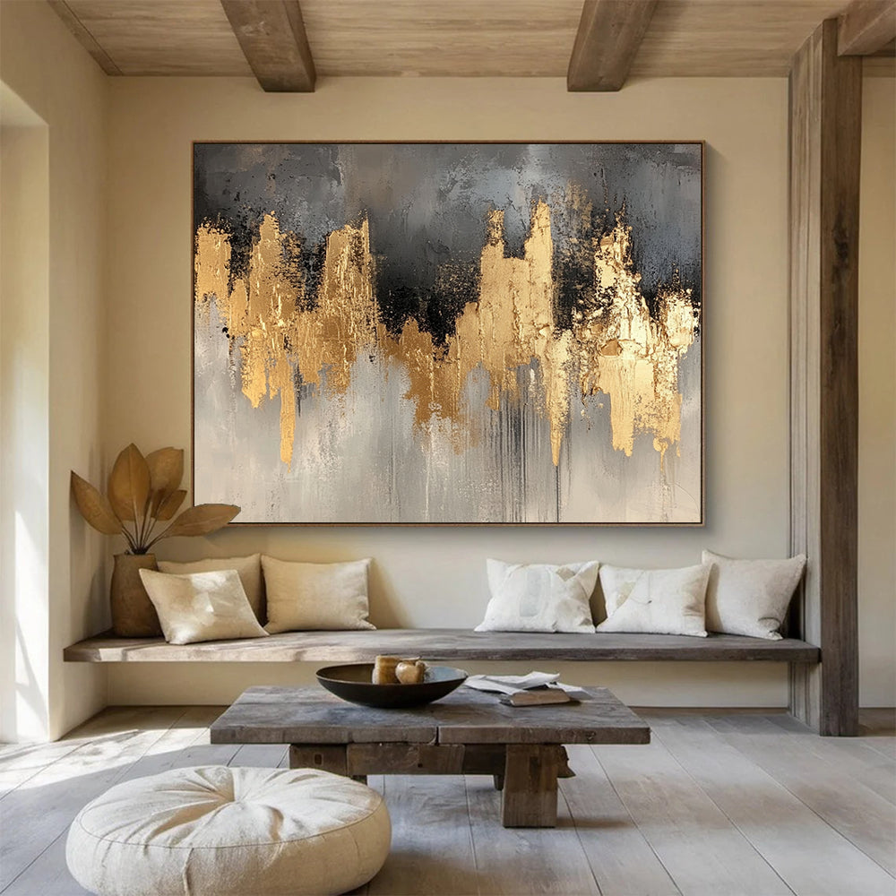 “Gold and Gray Abstract Skyline” - Gray, gold; Abstract skyline with gold accents; Acrylic Painting On Canvas HB1244