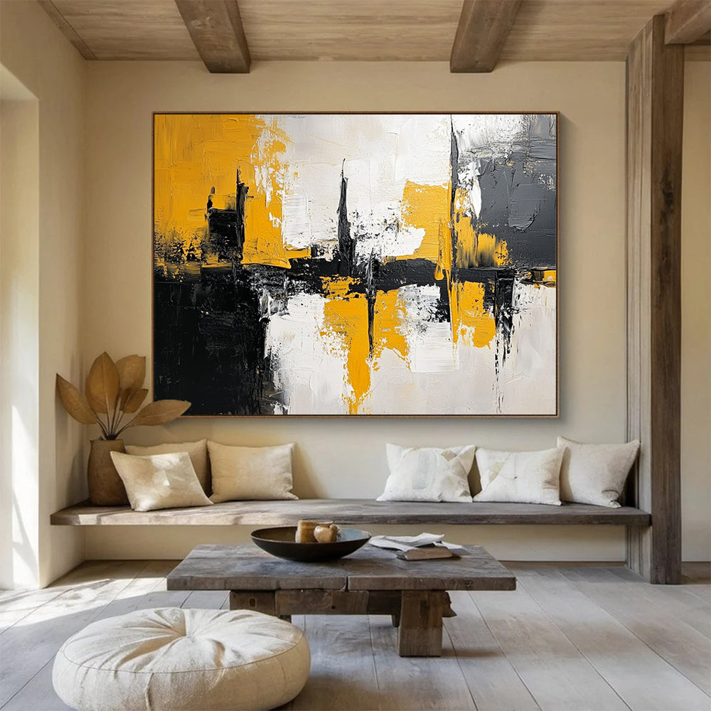 “Yellow - Black Urban Abstract Reflection” - Yellow, Black, Gray, White, Reflective Cityscape Painting On Canvas HB0813