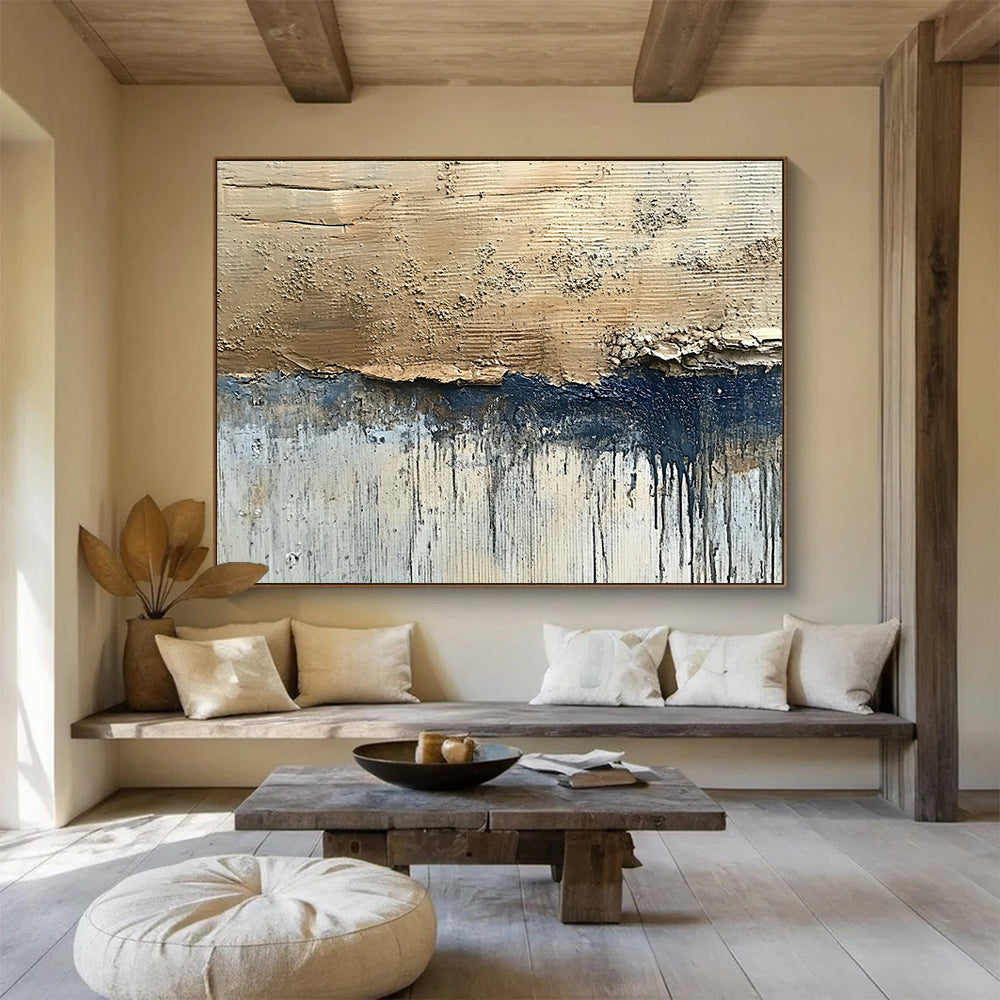 “Textured Earth Tones” - Beige, Blue, White, Raw Textured Painting On Canvas HB1014