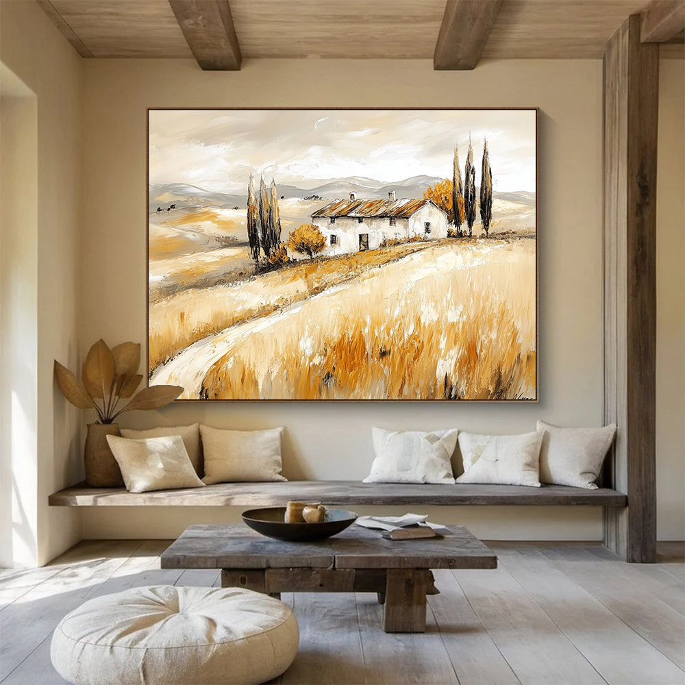 “Tuscan Farmhouse in Golden Fields” - Warm Beiges, Browns, Yellows, Farmhouse in Rolling Fields - Contemporary Oil Painting HB1694