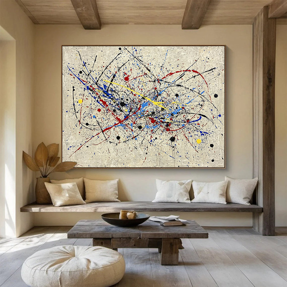 “Colorful Splatter Painting” - Multicolor splatters, gray background, Abstract Expressionist Painting HB0633