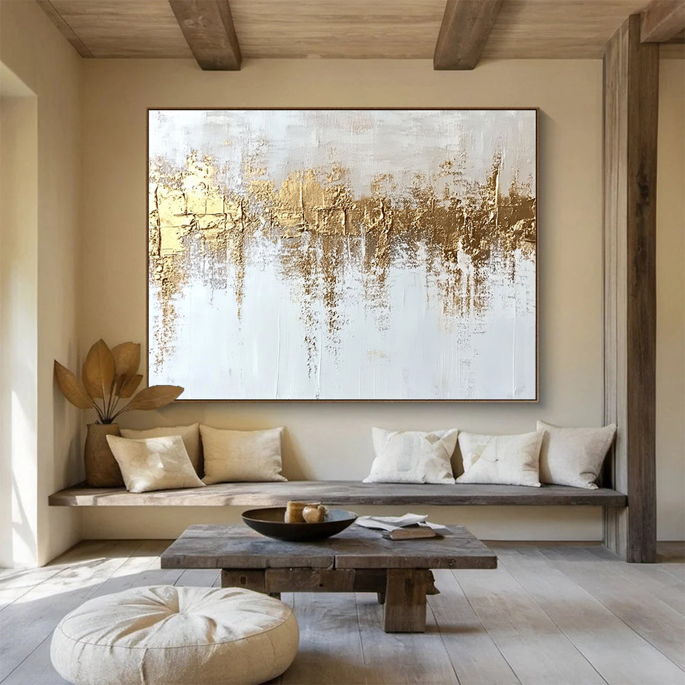 “Gold - Textured White Abstract” - White, Gold, Textured Abstract Layers Painting On Canvas HB0884