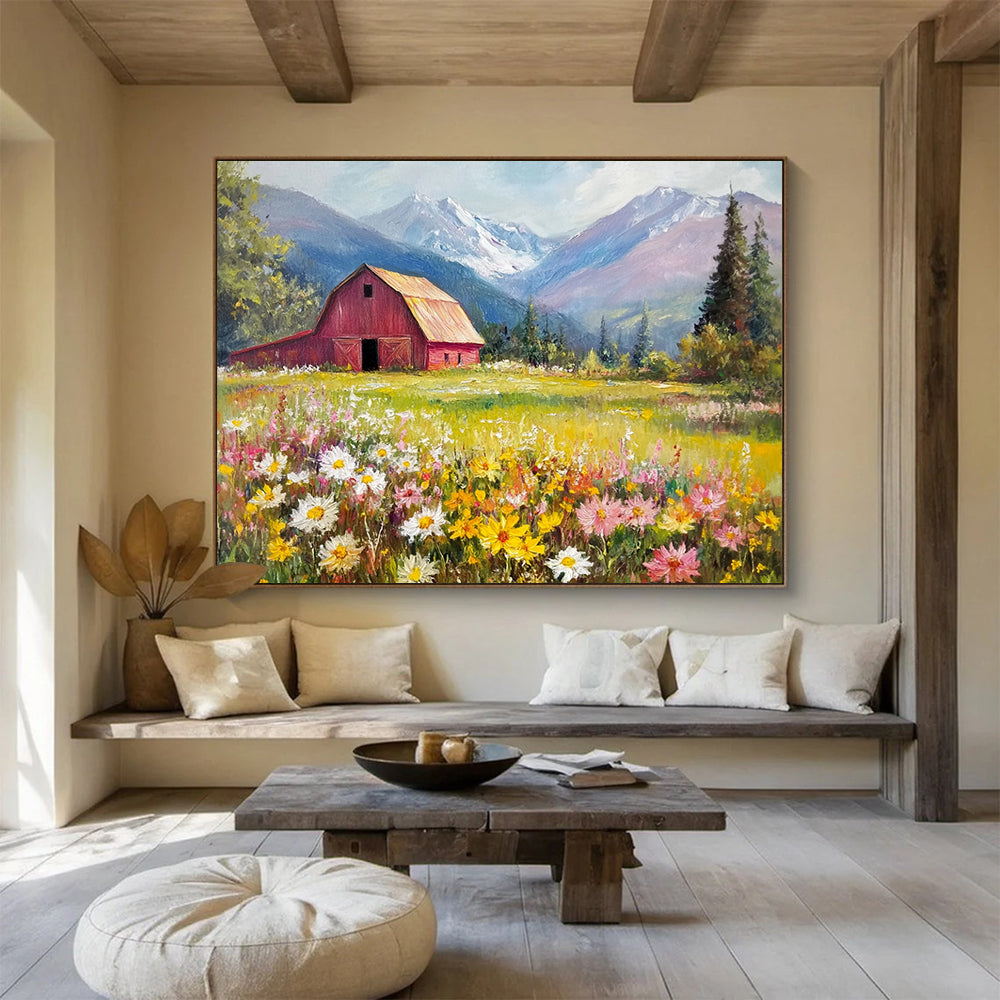 “Mountain Valley Barn” - Lush Greens, Yellows, Pinks, Barn in Flower - Filled Valley - Romantic Oil Painting HB1692
