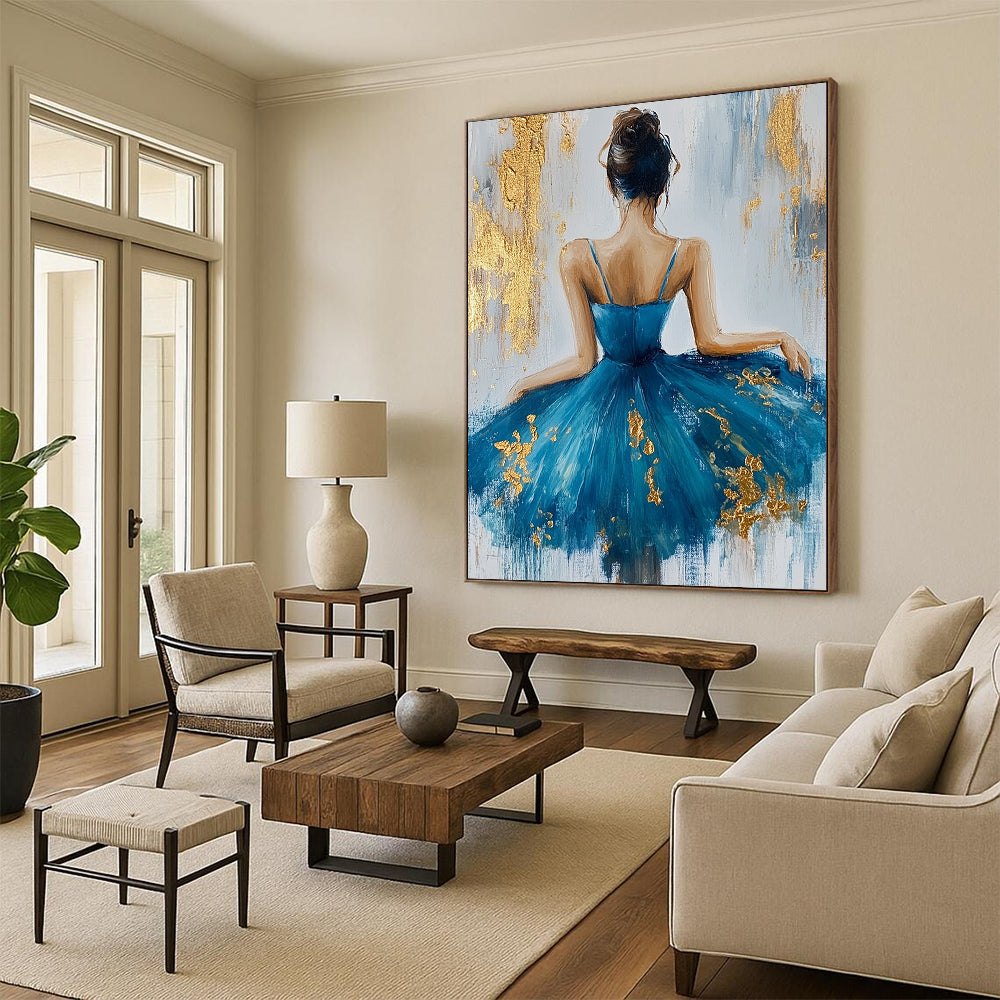 Contemporary abstract artwork featuring a ballerina in a blue dress adorned with gold leaf on textured white canvas background. DLZ0466
