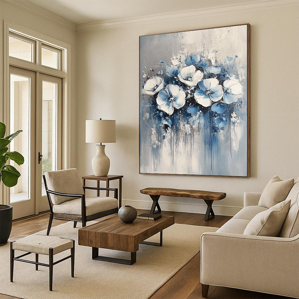 Contemporary abstract painting featuring delicate blue and white floral motifs against a soft grey background, perfect for modern decor. DLZ0349