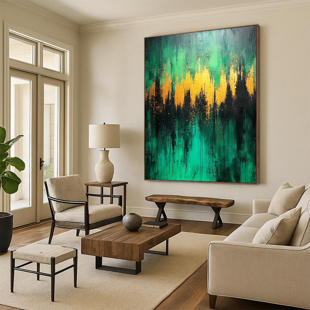 Contemporary abstract artwork featuring a lush green forest with light blue and gold accents on a textured canvas. DLZ0391