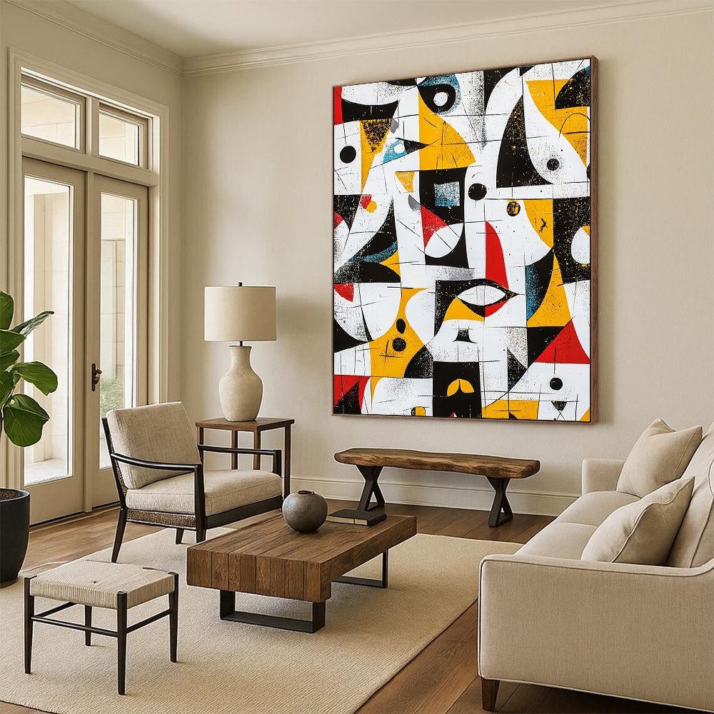 Black, White, Yellow, Red and Blue Geometric Mosaic "Colorful Labyrinth" Painting On Canvas HB325