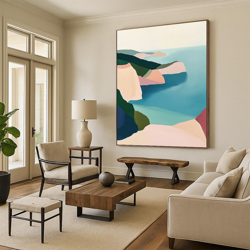 Contemporary abstract artwork featuring a serene coastal landscape with pastel cliffs and a calm sea in soothing green blue and pink tones. DLZ1457