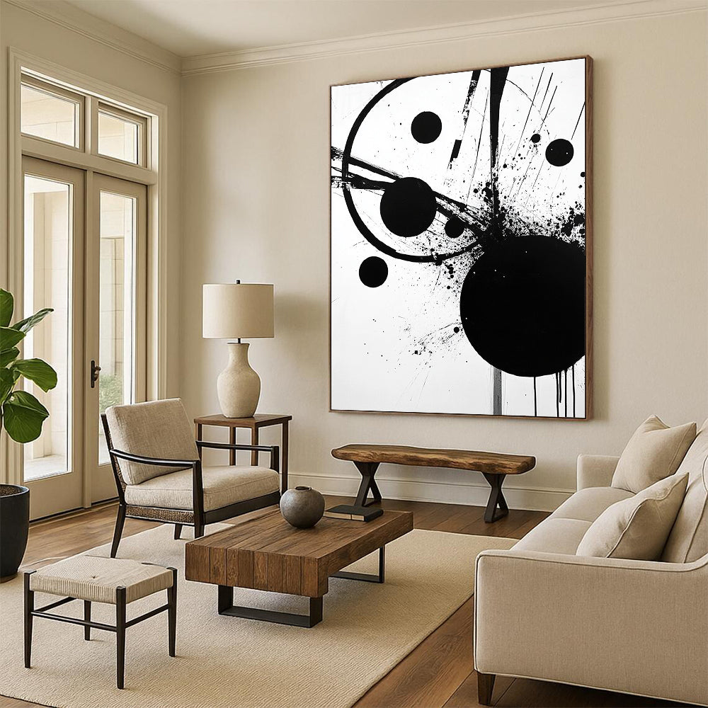 Black Circle, Dots & Lines - “Structured Ink Chaos” Painting On Canvas HB237