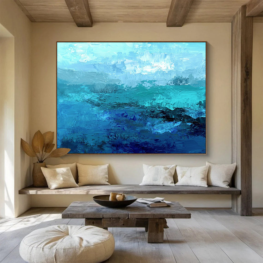 “Ocean Depths in Blue” - Shades of blue; Abstract ocean waves; Impasto Oil Painting On Canvas HB1186