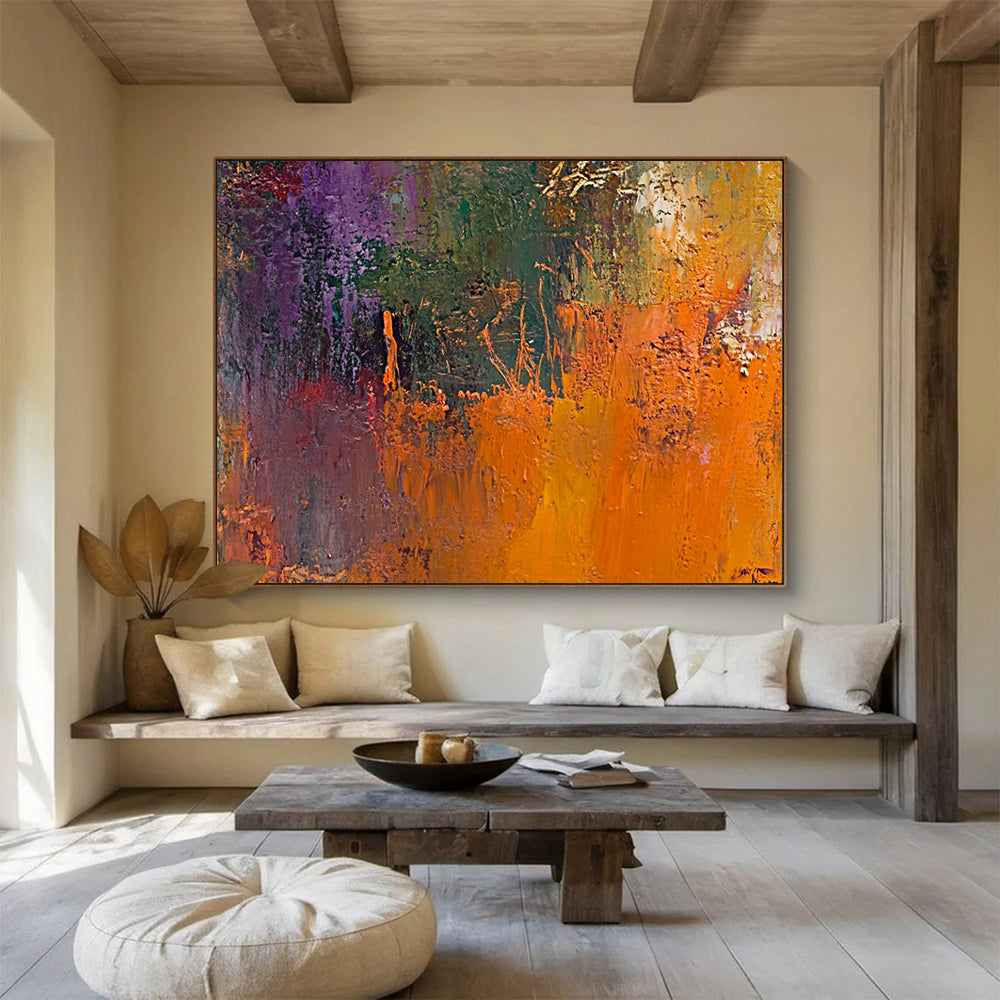 “Vibrant Textured Abstract” - Purple, Green, Orange with Thick Impasto - Painting On Canvas HB1394