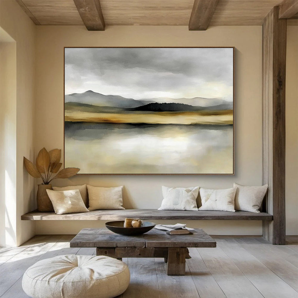 “Misty Mountain Lake” - Gray, Beige, Green, Layered Mountains and Reflective Lake Painting On Canvas HB0916