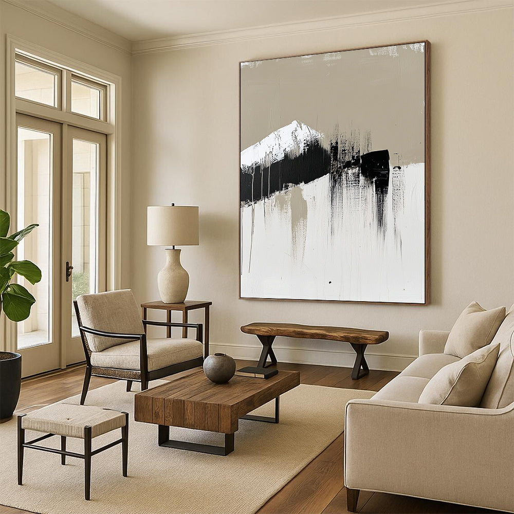 Contemporary hand-painted abstract art featuring a single brush stroke in neutral tones with black and white accents emphasizing minimalism. DLZ0971