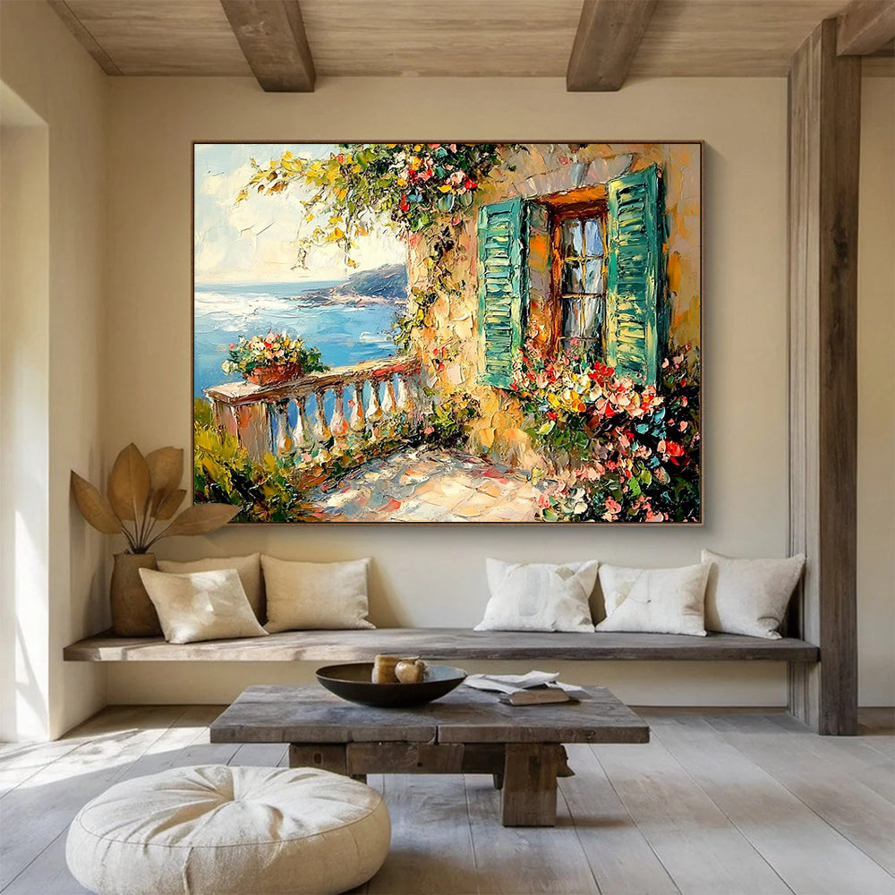 “Mediterranean Balcony” - Blue, Green, Colorful Flowers, Coastal Balcony - Impasto Oil Painting HB1681