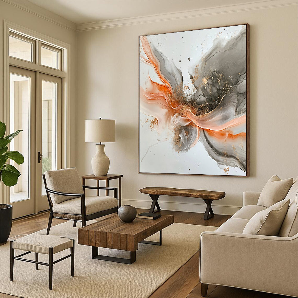 Gray, Orange, Gold, Flowing Shapes "Fiery Grace" Abstract Painting On Canvas HB034