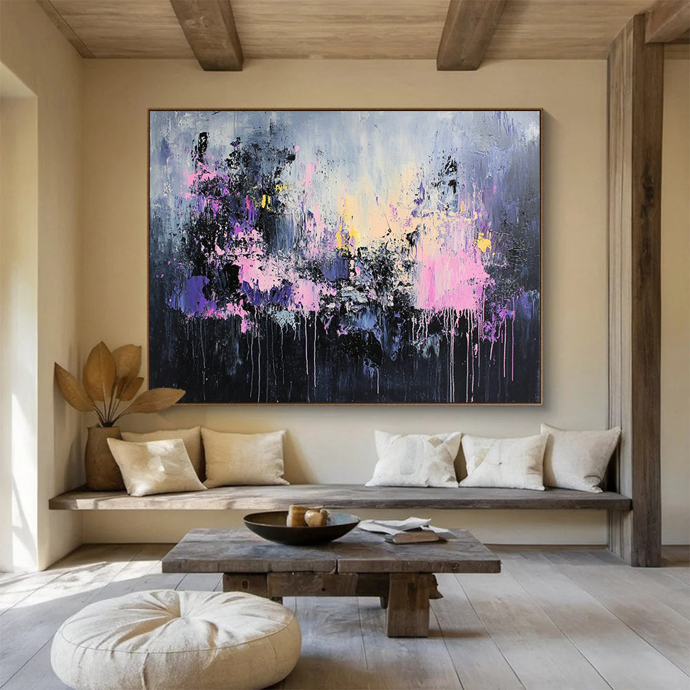 “Mystic Purple Drips” - Purple, Pink, Gray, Black, Dripping Abstract Painting On Canvas HB1051